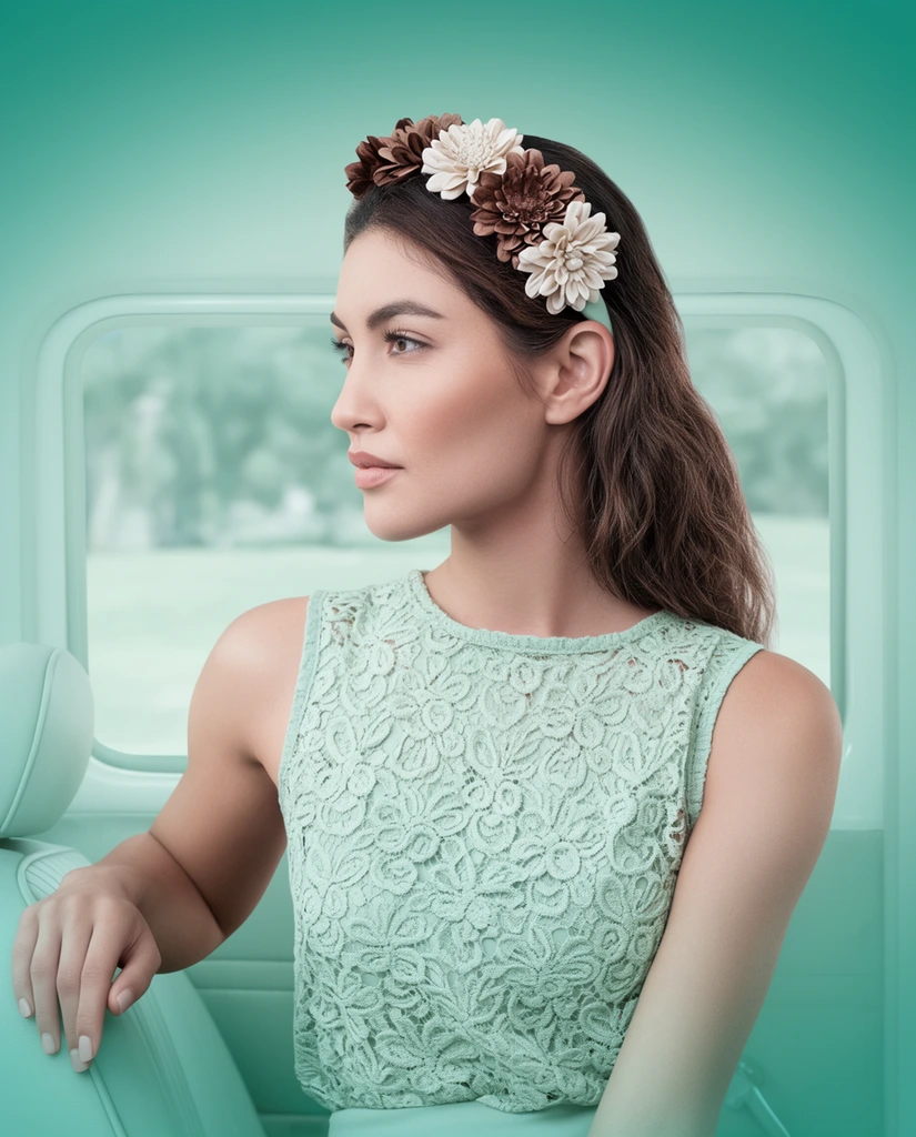 A woman sitting inside a vehicle looks towards the left, captured in a pristine, hyper-realistic commercial photography aesthetic. She wears a headband adorned with multiple artificial flowers and a sleeveless lace top, these highly detailed textural elements rendered in sharp, crisp focus. Her right hand rests on the vehicle seat in the lower left corner. Behind her, a window reveals a heavily blurred outdoor landscape that functions visually as a smooth, seamless background gradient. The entire composition is enveloped in flawless, diffused studio lighting and a dominant pastel mint green and seafoam color palette. The minimalist environment features subtle vignetting that transitions to a deeper teal towards the corners, while the woman's textured garments and floral accessories present high-contrast, deep earthy brown and crisp cream tones. The rendering quality is immaculate and slightly surreal, characterized by soft, gentle shadow falloff and an ultra-clean, highly polished visual atmosphere.