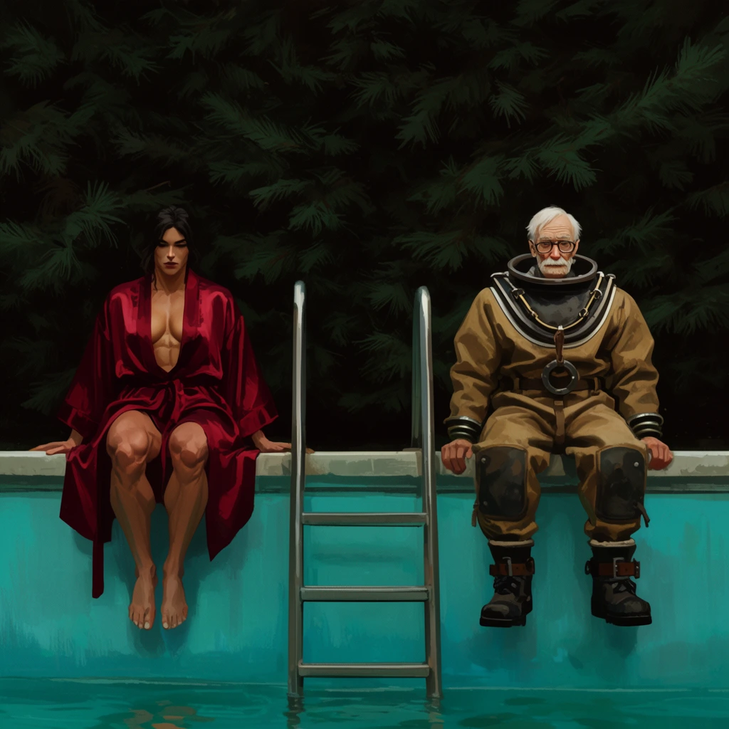 two contrasting figures sitting on a turquoise swimming pool edge, muscular woman in a crimson silk robe on the left, elderly man in a vintage canvas diving suit and heavy boots on the right, metal ladder between them, legs dangling over the water, dense wall of shadowy dark green pine branches filling the background, painterly digital illustration, moody cinematic lighting, wide framing, striking juxtaposition, rich color palette