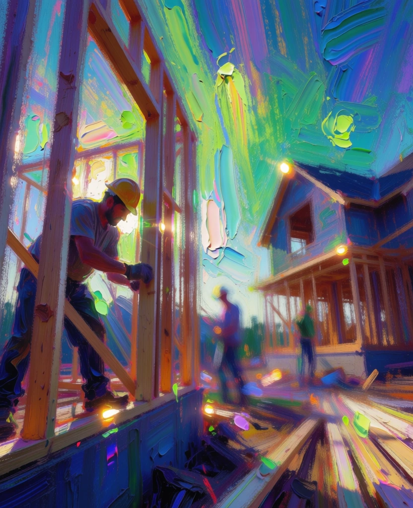 expressionistic digital oil painting, heavy impasto texture, long vertical gestural brushstrokes, vibrant prismatic color palette, deep indigos and violets transitioning into neon lime and emerald, low-angle composition, foreground subject of a man in a hard hat working on a wooden frame, skeletal partially built house in the mid-ground, glowing incandescent highlights, blurred silhouettes, atmospheric light bleed, high-chroma abstraction, vertical motion, visceral mark-making.