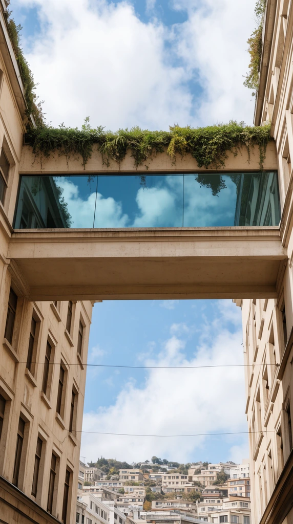 A low-angle view of a beige concrete skybridge connecting two multi-story buildings. The elevated span features a wide glass window reflecting a blue sky with white clouds, topped by draping green vegetation. Below the bridge, a distant hillside cityscape with tiered architecture is visible. Thin overhead wires stretch across the open gap between the matching beige facades in bright natural daylight.