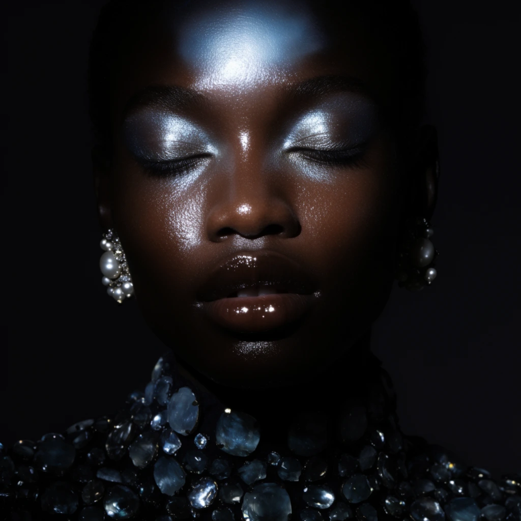 A close-up editorial beauty portrait of a dark-skinned woman with closed eyes and iridescent metallic makeup emerging from deep shadows. Her highly glossy skin catches a dramatic spotlight, illuminating silver-blue shimmering eyeshadow and an ethereal blue-white highlight on her forehead. Her glossy lips are slightly parted with bright specular reflections. She wears ornate pearl-like earrings and a dark garment densely embellished with large, translucent blue-grey stones. Intensely contrasting chiaroscuro lighting isolates her luminous features against a pure black background.