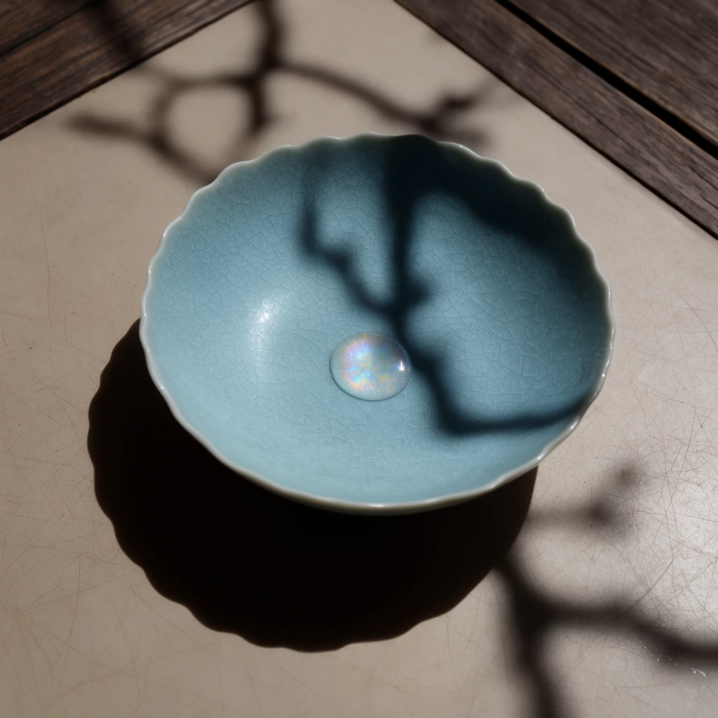 A shallow celadon blue ceramic bowl with a gently scalloped rim and fine crackle glaze rests on a faintly scratched beige surface. Inside the basin, a single iridescent water droplet reflects delicate rainbow hues near the center. A striking, heavily blurred shadow of a jagged tree branch falls diagonally across the bowl and ground. The bowl casts a dense, crescent-shaped shadow to its left under directional lighting. Straight-grained dark wooden planks border the top corners. Captured from a high-angle perspective, the minimalist composition highlights the interplay between the intricate ceramic texture, the crisp droplet, and the soft, organic silhouette of the shadowed branch.