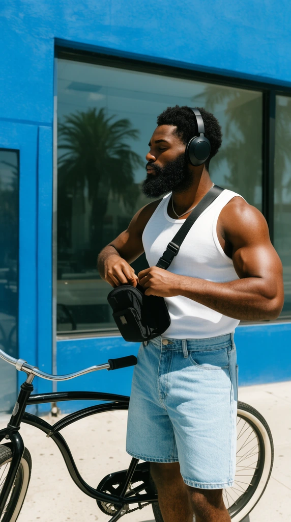 muscular Black man with full beard, white ribbed tank top, light blue denim shorts, black over-ear headphones, adjusting a black crossbody bag, standing beside a black cruiser bicycle, vibrant blue building facade, large glass window reflecting palm trees, light concrete sidewalk, harsh midday sunlight, sharp shadows, urban street photography, saturated colors