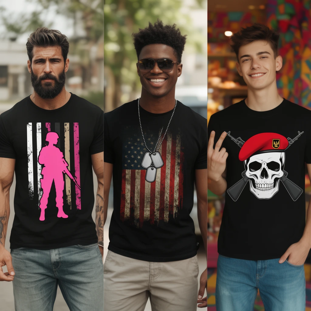 triptych of three male models in black graphic t-shirts, left panel muscular bearded man with pink female soldier silhouette and distressed stripes graphic, center panel smiling man featuring dog tags and weathered flag design, right panel young man making two-finger gesture displaying skull in red beret and crossed rifles graphic, half-body portraits, casual fashion photography, bright vibrant lighting, blurred outdoor and colorful indoor backgrounds