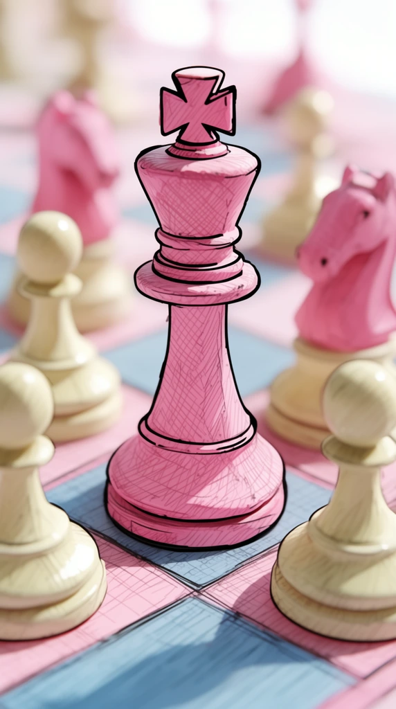 A macro photograph of a chessboard focusing on a central pink king piece rendered with 2D crosshatched sketch textures and bold black outlines. Surrounding pale cream pawns and pink knights blur into a shallow depth of field. The pastel pink and blue checkered board is bathed in bright, overexposed lighting, blending 3D realism with hand-drawn illustration.