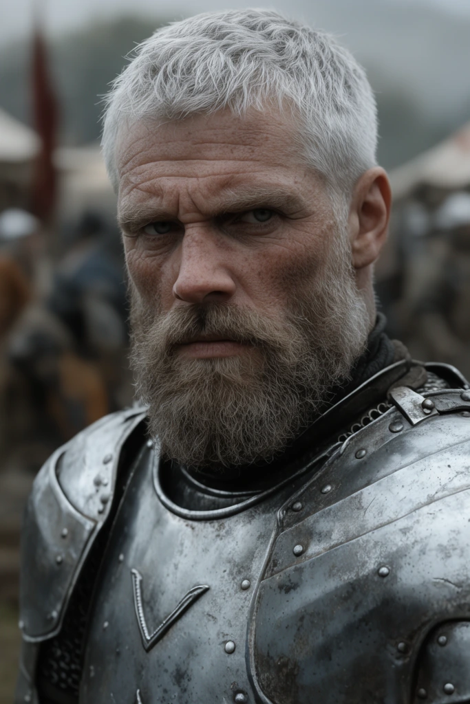close up of a grizzled human knight, short silver hair, thick beard, steel plate armor, intense stare, blurred medieval camp background, shallow depth of field, cinematic lighting