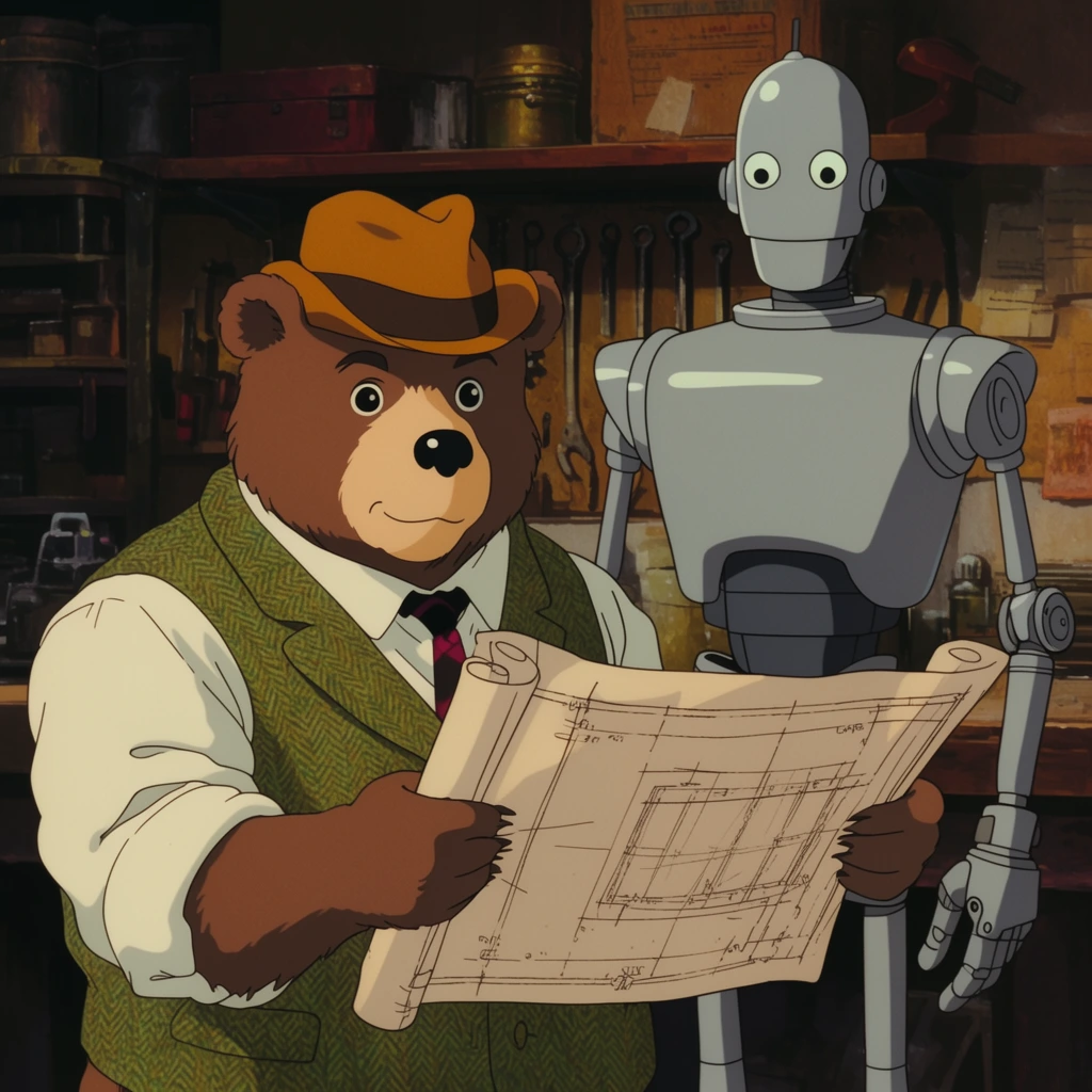 anthropomorphic bear wearing green tweed vest holding a blueprint, tall silver android mechanic looking on, classic 2D anime style, cluttered workshop background, warm earthy palette