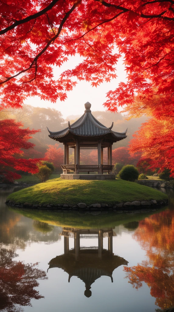 traditional East Asian pavilion on a grassy island in a calm pond, framed by vibrant red autumn maple branches, perfect water reflection, serene landscape photography, symmetrical composition, soft sunlight