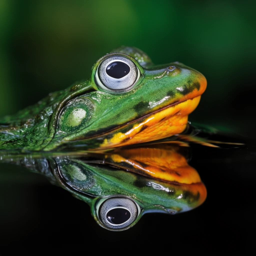 A vibrant green frog rests partially submerged in smooth dark water, casting a perfect mirror reflection. The amphibian has a large bulging silver eye with a dark pupil, wet skin, and bright orange-yellow highlights along its underbelly. Shot in a macro, water-level profile, sharp focus isolates the head against a deeply blurred, dark emerald background. High contrast and saturated colors emphasize the pristine, glass-like reflection of the eye and throat in the black liquid.