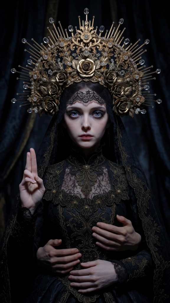 A pale-skinned woman with large blue eyes and dark eyeshadow stares forward, wearing an elaborate, oversized golden crown and dark, ornate vestments against a shadowed backdrop. The semicircular headpiece is heavily detailed with gold filigree, metallic roses, clear faceted beads, and long, thin spikes that radiate outward like a halo. A delicate black lace veil is draped across her forehead beneath the crown's base. She is dressed in a dark, high-collared gown featuring intricate gold embroidery and lace patterns on the bodice and sleeves. Three hands are visible in the composition: her right hand is raised with the index and middle fingers extended in a symbolic gesture, while two additional hands are positioned near her midsection on her left side, resting against her chest. The background consists of dark, vertical fabric folds in deep navy and black tones, creating a low-key, moody atmosphere. The lighting is focused directly on her face and the metallic textures of the crown, casting sharp highlights and deep shadows that emphasize the textures of the lace and embroidery. The perspective is a centered, medium-length portrait with a shallow depth of field, focusing entirely on the subject’s ornate attire and solemn expression.
