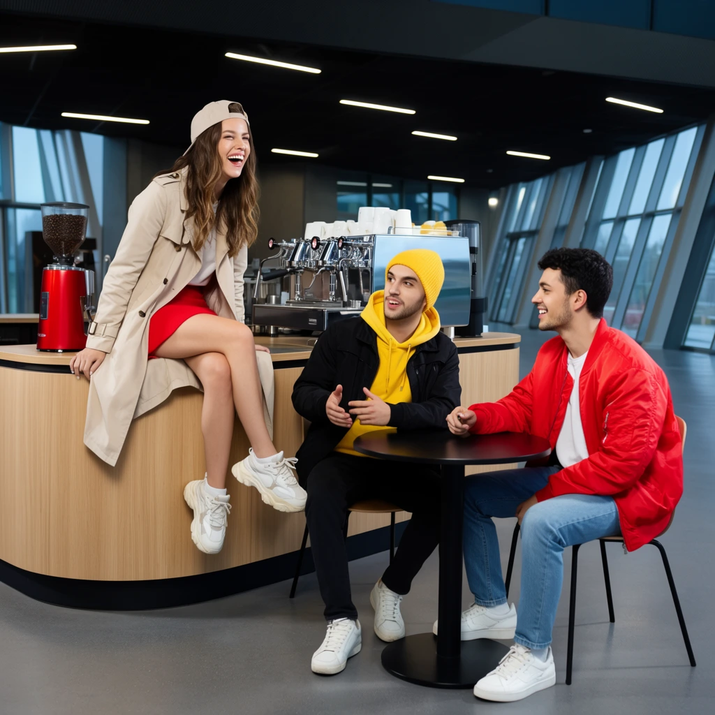 Three young adults gather at a modern coffee kiosk in a spacious atrium. A laughing woman sits on a curved light-wood counter wearing a beige trench coat, red mini skirt, backwards cap, and chunky white sneakers. Below her, two men sit at a small round black table. One wears a yellow hoodie, yellow beanie, and black jacket, gesturing actively. The other, in a vibrant red bomber jacket, listens with a smile. Behind them sits a chrome espresso machine and a bright red grinder. The expansive background features a dark ceiling with angular recessed lights, a smooth grey floor, and large slanted windows revealing an overcast day. Captured in a crisp commercial photography style, the bright artificial lighting highlights the vivid red and yellow clothing, creating a strong contrast against the cool, neutral tones of the contemporary architecture.