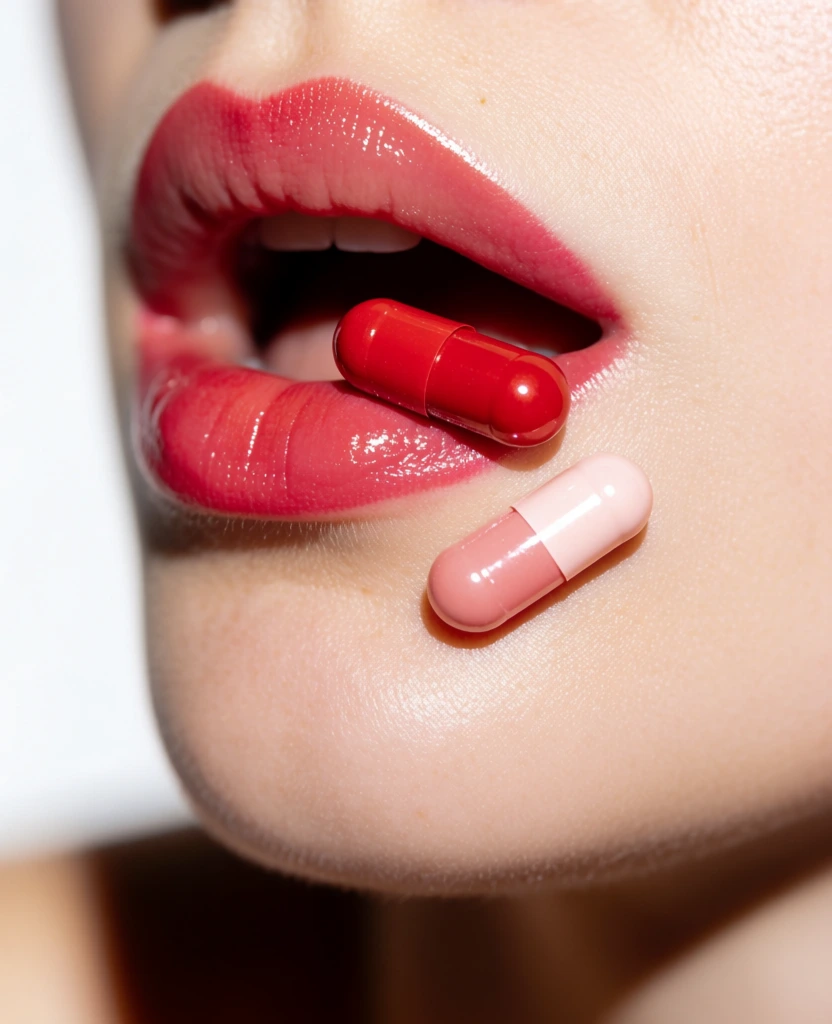 extreme close-up lips with capsules, fashion photography, glossy surreal edgy vibe