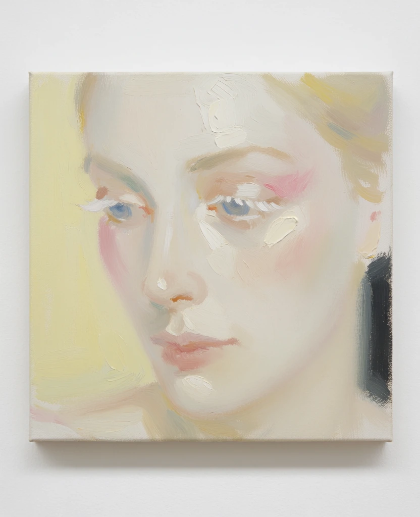 A square-formatted impressionistic oil painting displays a close-up, three-quarter view of a woman's face, mounted against a stark white wall. The woman's features are rendered with soft, blended brushstrokes and thick impasto highlights in pale tones. Her eyes, with light blue irises and prominent white eyelashes, are directed downwards and slightly to the left. A faint wash of pink accents her left cheekbone and the area above her left eye. Her nose is slender, and her lips are a delicate, muted pink, slightly parted. The skin is depicted in various shades of cream, ivory, and pale yellow. The background of the painting consists of a solid, pale yellow field on the left and a narrow, dark charcoal vertical band along the right edge. The canvas itself has a visible thickness, casting a soft, horizontal shadow onto the flat white surface of the wall beneath it. The overall color palette is pastel and ethereal, with a focus on light and form through loose, expressive painting techniques.