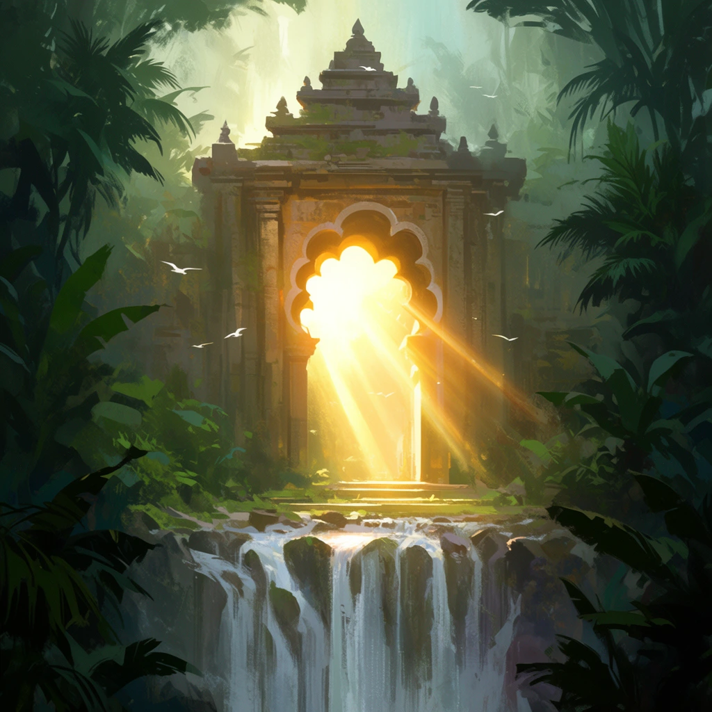ancient stone temple archway deep in lush jungle, brilliant golden sunrays piercing a scalloped opening, cascading rocky waterfall in foreground, towering dark green foliage framing the scene, flying white birds, misty atmospheric background, painterly digital concept art