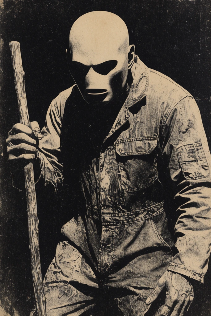 hulking bald figure with smooth mask-like face wearing rugged coveralls, hunched over holding a long wooden staff, vintage halftone print, high-contrast black and beige, distressed grunge texture, heavy shadows, retro horror aesthetic