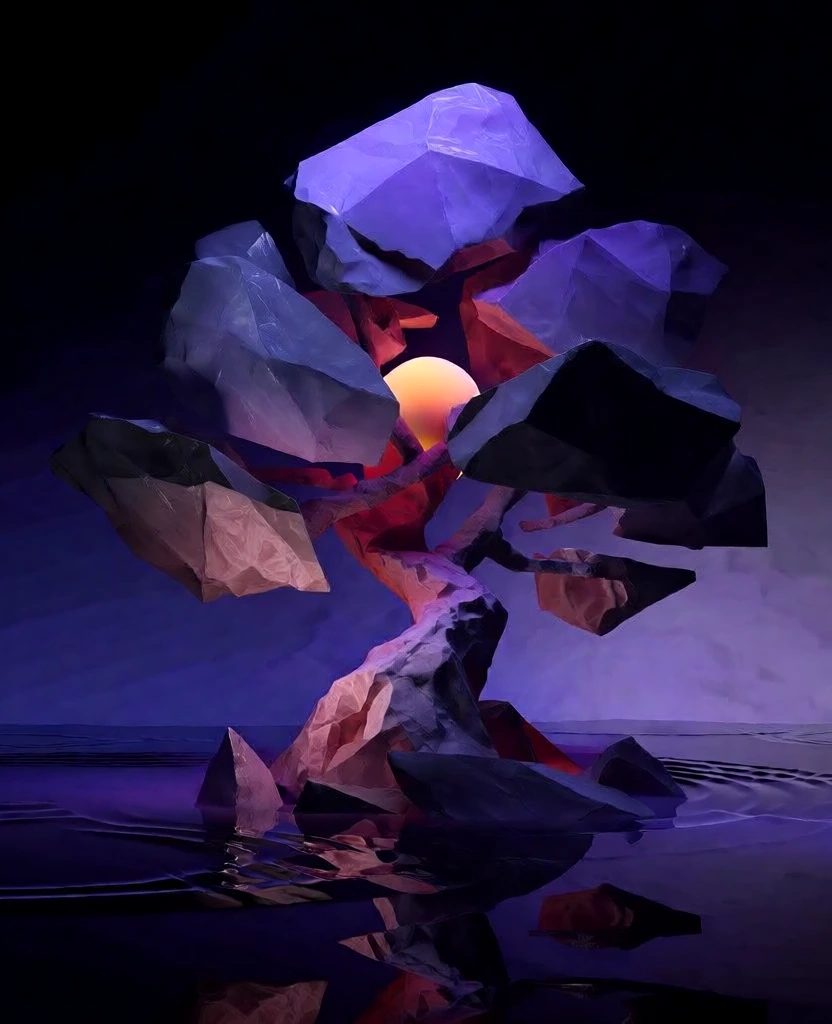 a stylized tree composed of fragmented violet obsidian shards floating in a minimalist plaza, a luminous amber orb pulsing within the central crown, the ground is a dark liquid obsidian plane with concentric ripples and sharp reflections, dramatic chiaroscuro lighting in deep electric indigo and muted purples, hyper-clean 3d digital surrealism, sharp faceted geometry, specular highlights, ethereal liminal atmosphere, low-angle centered composition