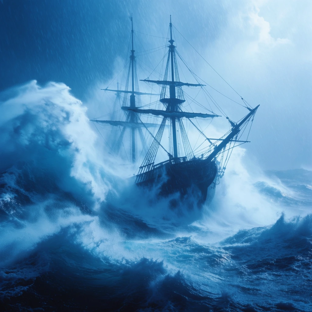 A dark two-masted sailing ship battles massive churning waves in a turbulent ocean storm. Huge white-crested swells crash against the hull, erupting into thick mist that obscures the vessel's lower half. Bare masts and intricate rigging contrast starkly against a bright, foggy sky filled with driving rain. Rendered entirely in an intense monochromatic blue palette, the cinematic composition uses dramatic lighting to emphasize the violent sea foam and the ship's stark silhouette amidst the ethereal atmospheric haze.
