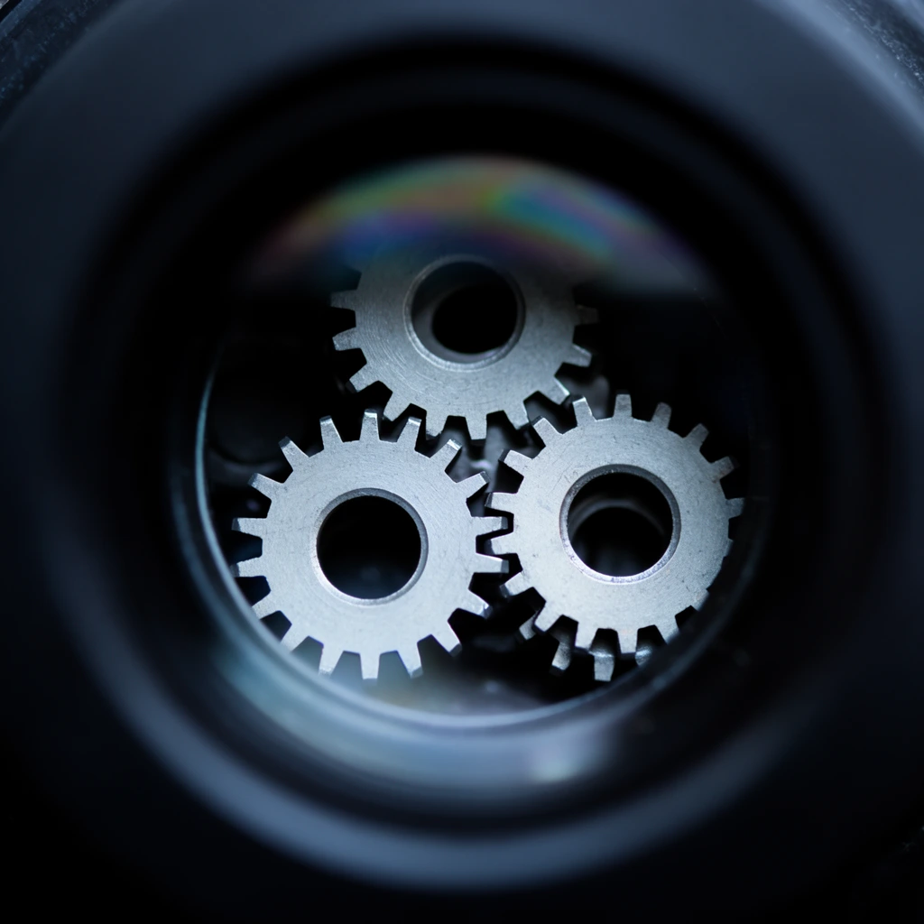 A macro photograph peering through a thick, heavily blurred matte black circular aperture at three interlocking metallic gears. Just inside the dark foreground rim, a faint iridescent rainbow reflection arcs across a glass element. Nestled deep within the shadowy interior, three precision-cut, light grey steel gears are captured in crisp focus. The gears overlap and mesh together, each featuring a central circular cutout and sharp squared teeth. Cool, directional lighting catches the brushed texture of the metal against a pitch-black, softly out-of-focus background. The centralized framing and extremely shallow depth of field create a dramatic, intimate look at the intricate mechanical components.