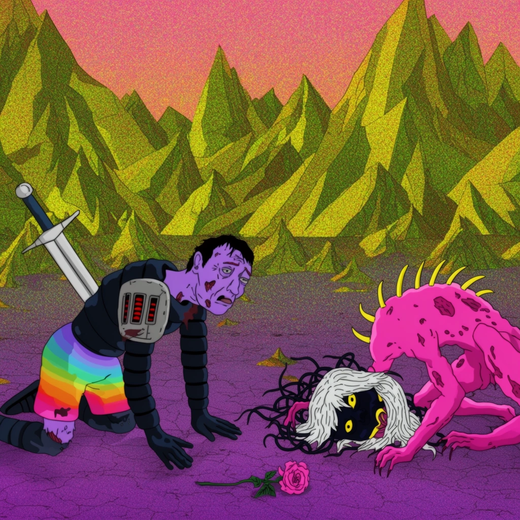 A surreal 2D animated tableau shows a battered, mismatched humanoid and a bizarre pink creature collapsed on a cracked purple wasteland. The humanoid on the left kneels on all fours, featuring a weary purple face, a silver sword impaled through its back, dark segmented armor, a mechanical shoulder pad with three red slots, and rainbow-hued shorts. Opposite it, a multi-limbed pink monstrosity with yellow dorsal spikes crouches over a tangled mass of white hair, black tendrils, and a dark mask with yellow eyes. A solitary pink rose rests on the ground between them. Jagged, angular mountains rendered in jarring yellow-green tones with a heavy, grainy stipple texture dominate the background beneath a flat pink and orange sky. The composition features psychedelic dark fantasy aesthetics, combining flat cel-shaded colors with intense digital noise and gritty textural overlays.