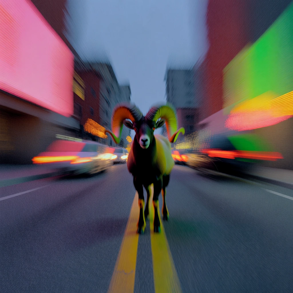 an urban twilight scene featuring a bighorn sheep with large curved horns standing on double yellow lines in the center of a city street, intense radial zoom blur effect radiating from the center, sense of rapid forward motion, vibrant streaks of hot pink neon on the left and lime green with yellow on the right, glowing orange and red light trails, low-angle perspective, cinematic long exposure aesthetic, abstract impressionistic textures, grainy film quality, atmospheric.