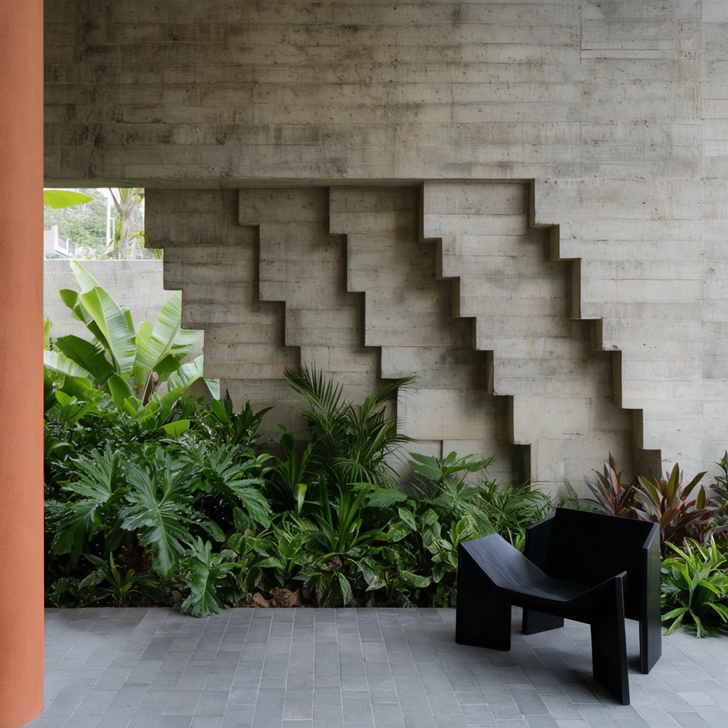 Brutalist board-formed concrete walls feature inverted stepped recesses filled with lush tropical plants. An angular black chair sits on grey floor tiles under soft daylight, framed by a terracotta pillar.