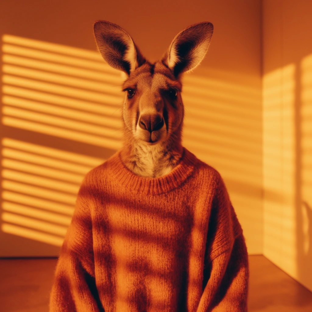 anthropomorphic kangaroo wearing a loose oversized sweater, intense monochromatic amber lighting, sharp horizontal shadow stripes projected across the figure and flat background wall, modern minimalist interior, surreal contemporary art photography, cinematic high contrast lighting, conceptual fashion