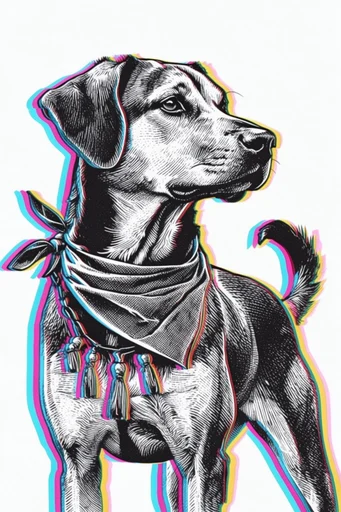 Neon Glitch Engraving style reference image — misaligned color registration