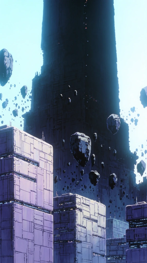 massive dark monolithic tower silhouette rising behind a futuristic city, floating rock debris suspended in mid-air, pale purple blocky buildings with geometric paneled textures, bright washed-out cyan sky, high contrast, retro 90s cel animation style, cinematic low angle, glowing atmospheric diffusion