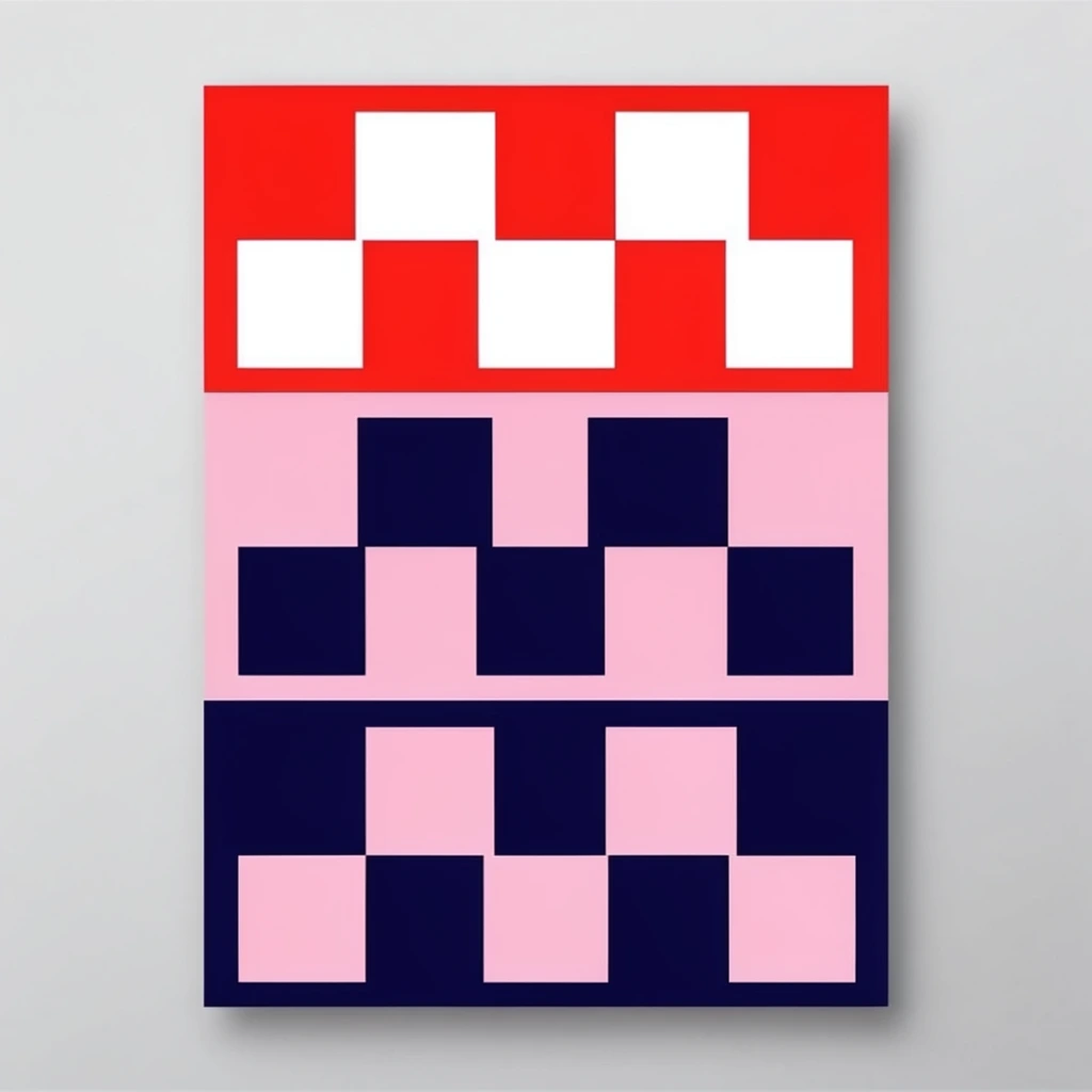 A vertically oriented rectangular graphic poster features three equal horizontal bands of solid color. The top stripe is vibrant red containing stark white, bold geometric shapes. The middle stripe is soft pastel pink with heavy, dark navy blue geometric forms. The bottom stripe is deep navy blue displaying soft pastel pink geometric patterns. The crisp, flatly colored poster rests against a minimalist light gray background, lifted by a subtle drop shadow along its right and bottom edges. The composition relies on high-contrast flat colors, stark minimalism, and sharp intersections of bold color fields.