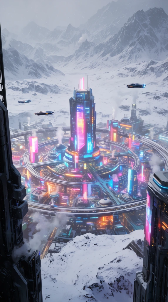 A sprawling futuristic settlement glows with vibrant neon lights within a desolate snow-covered mountainous landscape. A massive illuminated central tower anchors the city, surrounded by intricate concentric circular platforms and elevated transit tracks. Bright pink, blue, and orange light panels pierce the hazy winter atmosphere while sleek metallic flying vehicles hover above the industrial architecture. Steam vents from various facilities into the freezing air, contrasting sharply with the stark white terrain and jagged gray background peaks. Heavy dark metallic foreground structures frame the left and right edges, establishing immense scale and deep perspective in this cinematic sci-fi rendering.