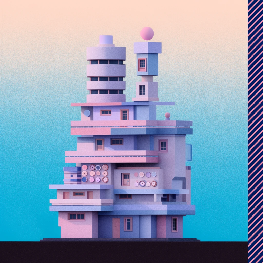 A multi-tiered, retro-futuristic building constructed from stacked geometric blocks, balconies, and a segmented cylindrical tower. Rendered with a grainy stippled texture, the asymmetrical architecture features flat shading in soft lavenders, pinks, and blues, detailed with small windows and circular wall units. The structure rests on a dark horizontal base against a gradient sky shifting from pale peach to vibrant cyan. A vertical strip of diagonal dark blue and pink stripes borders the right edge.