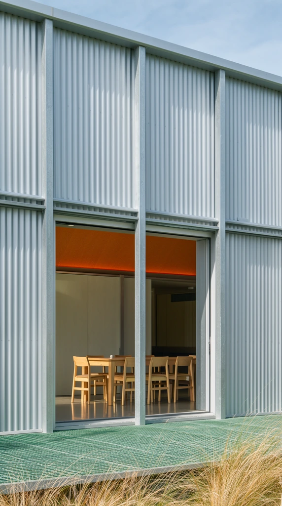 modern building clad in light gray corrugated metal, vertical steel columns, large open doorway revealing a warm interior, wooden dining table with light wood chairs, warm orange interior ceiling, green grated exterior deck, tall dry grass, bright natural daylight, architectural photography, clean industrial lines, cool metal exterior contrasting with warm interior
