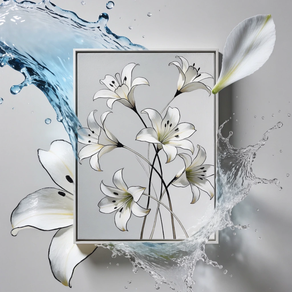minimalist surrealist photography, ornate white ceramic frame with blue delftware patterns, mounted on a clean grey wall with soft shadows, frame contains lily-like flowers scattered with thin stems crisscrossing, scene bursts from the frame in a hyper-realistic splash of translucent blue water and petals, high-key studio lighting, crisp textures, cobalt blue and white color palette, elegant high-end brand aesthetic, cinematic centered composition