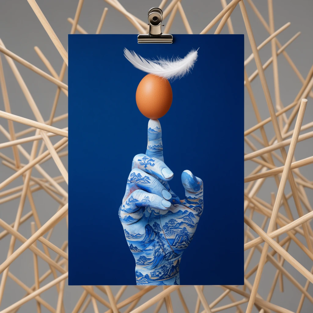 suspended poster held by a silver binder clip, surreal painted hand covered in intricate blue and white landscape patterns pointing upward, brown egg balancing on the index fingertip, delicate white feather resting atop the egg, solid deep blue poster background, complex geometric lattice of intersecting light wood dowels behind the poster, flat gray backdrop, studio lighting, conceptual still life
