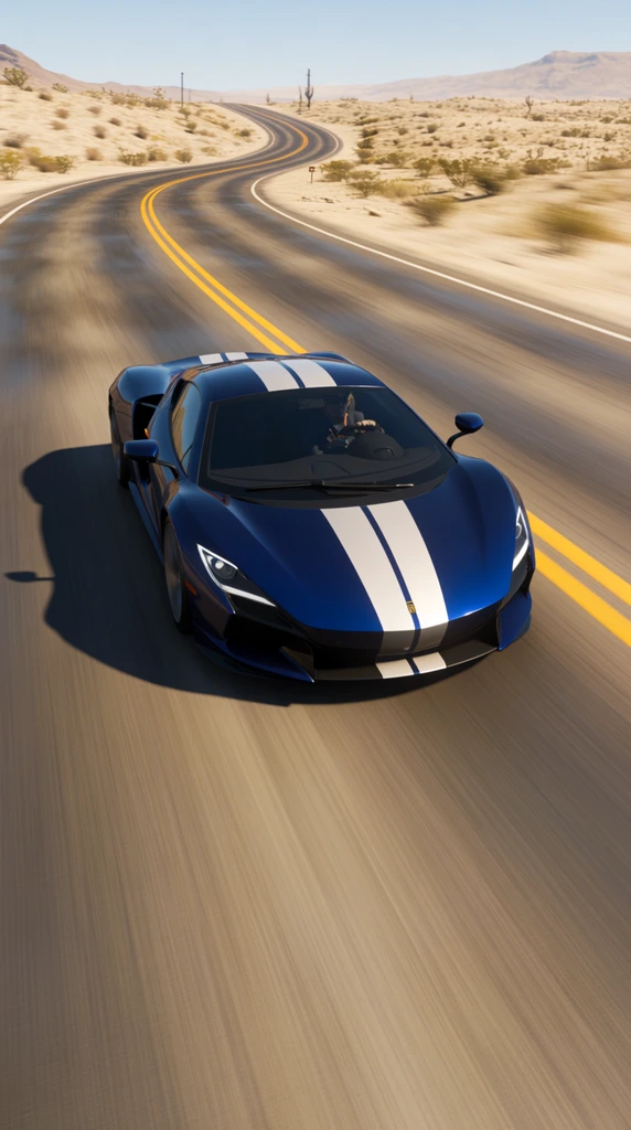 dark blue supercar with dual white racing stripes speeding on a winding desert highway, heavy motion blur, double yellow lines, bright sunlight, sharp shadows, high-speed tracking shot