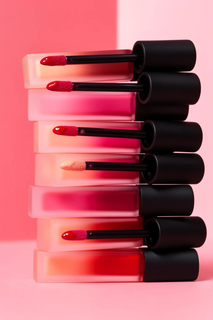 Seven frosted rectangular liquid lipstick tubes stack vertically in a zigzag pattern against a seamless split-toned pink background. The matte bodies gradient from soft peach to bright pink and deep red, each capped with a matte black cylinder on the right. The top three tubes are open. Their black applicator wands rest horizontally across the tubes below, pointing left, displaying flocked tips coated in matching glossy color. Clean macro commercial product photography features soft directional studio lighting and sharp focus.