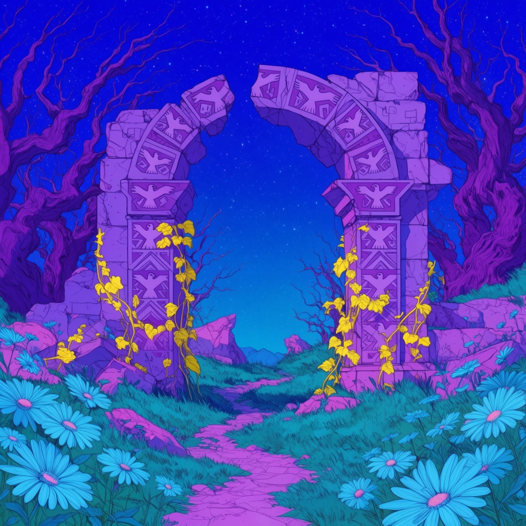 Surreal landscape illustration, ancient purple stone ruins with geometric bird motifs forming a broken archway, winding path through teal grass, twisted purple trees, bright yellow creeping vines, large blue daisies, deep blue starry sky, neon cyan and magenta palette, crisp line art, pop-surrealism