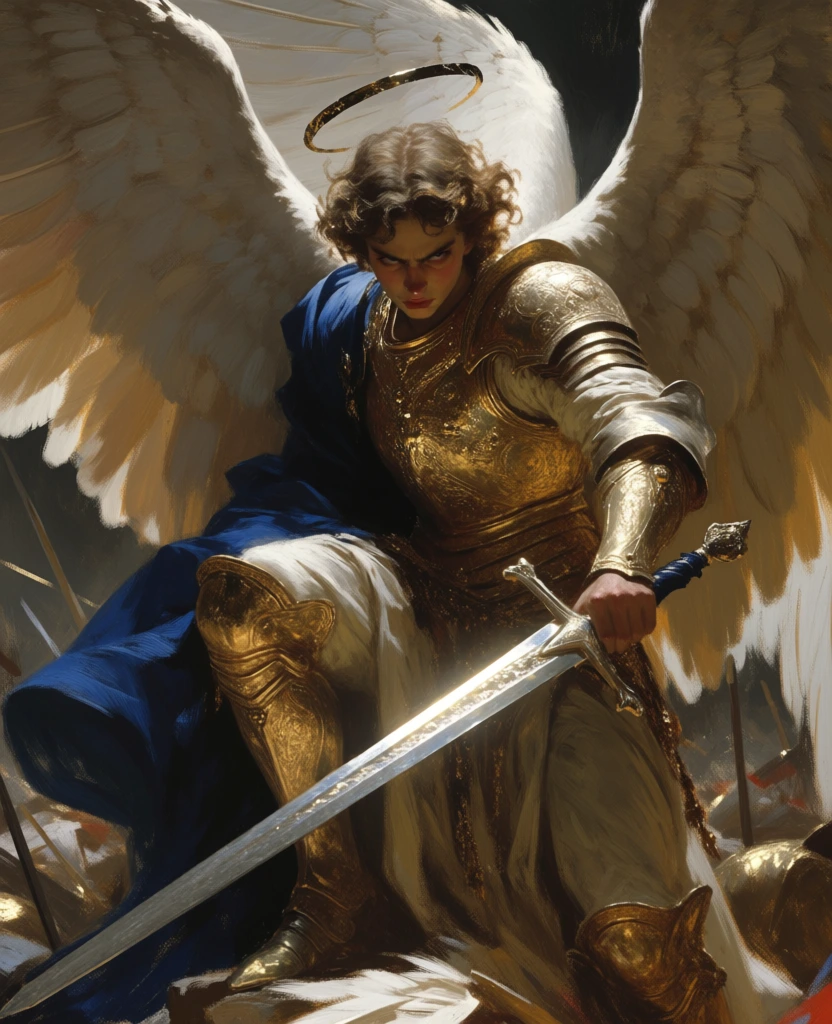 A monumental angelic warrior dominates the scene, crouched in triumph or grim vigilance above a battlefield, with vast white wings spread behind him, a sword drawn across the foreground, and a dark teal sky and towering clouds framing the figure like a sacred storm. Digital painting, old master oil painting simulation, high fantasy religious iconography, baroque-romantic, chiaroscuro, heroic celestial warrior, cinematic devotional art, painterly brushwork, highly detailed, polished fantasy illustration, dramatic, solemn, apocalyptic, majestic, violent yet serene, medium-high visual complexity, visually adjacent to Guido Reni, Caravaggio, Bouguereau, Gustave Doré, modern fantasy echoes of Frank Frazetta and Greg Rutkowski, restricted palette of ivory, bronze-gold, steel silver, deep teal, muted blue, smoke gray, warm flesh tones, low-key exposure, strong directional light, high contrast, soft atmospheric haze, no visible camera metadata, painterly edge softness, subtle texture blending, no obvious photographic artifacts.
At the exact center sits the angel, a youthful masculine figure with pale skin and intense downward-cast eyes, his face turned slightly left and down, framed by thick, curly brown hair blown outward to the right. A thin metallic halo floats just above and behind his head, tilted diagonally like a ring. His enormous feathered wings rise from behind his shoulders and fill nearly the entire upper half of the image: the left wing occupies the upper left quadrant with layered cream-white feathers clearly lit, while the right wing mirrors it on the upper right, partly fading into shadow. He wears ornate embossed bronze armor over chest, arms, and legs, the breastplate centered in the composition and gleaming with warm highlights. A heavy blue cloak wraps around his shoulders and billows across the left-middle area, then spills over his lap and around his lower body in deep folds. His left hand, near the lower left-center, grips an elaborate sword hilt; the long silver blade extends diagonally from left-center downward toward the bottom right corner, creating the image’s strongest line. His right arm bends close to his side in shadow. One armored knee is raised at right-center, the other leg stretches down toward the lower left. Beneath him lies a heap of pale bodies, fabric, limbs, and debris across the entire bottom edge, suggesting the aftermath of battle. Tiny human figures and chaos appear in the far background near the lower left and lower right margins. At the far lower left stands a distant dark spire; at the far lower right, faint ruined architecture rises through cloud and smoke. Puffy illuminated clouds frame both side edges, especially bright at the mid-right edge, enhancing the sense that this celestial warrior towers between heaven and earth.