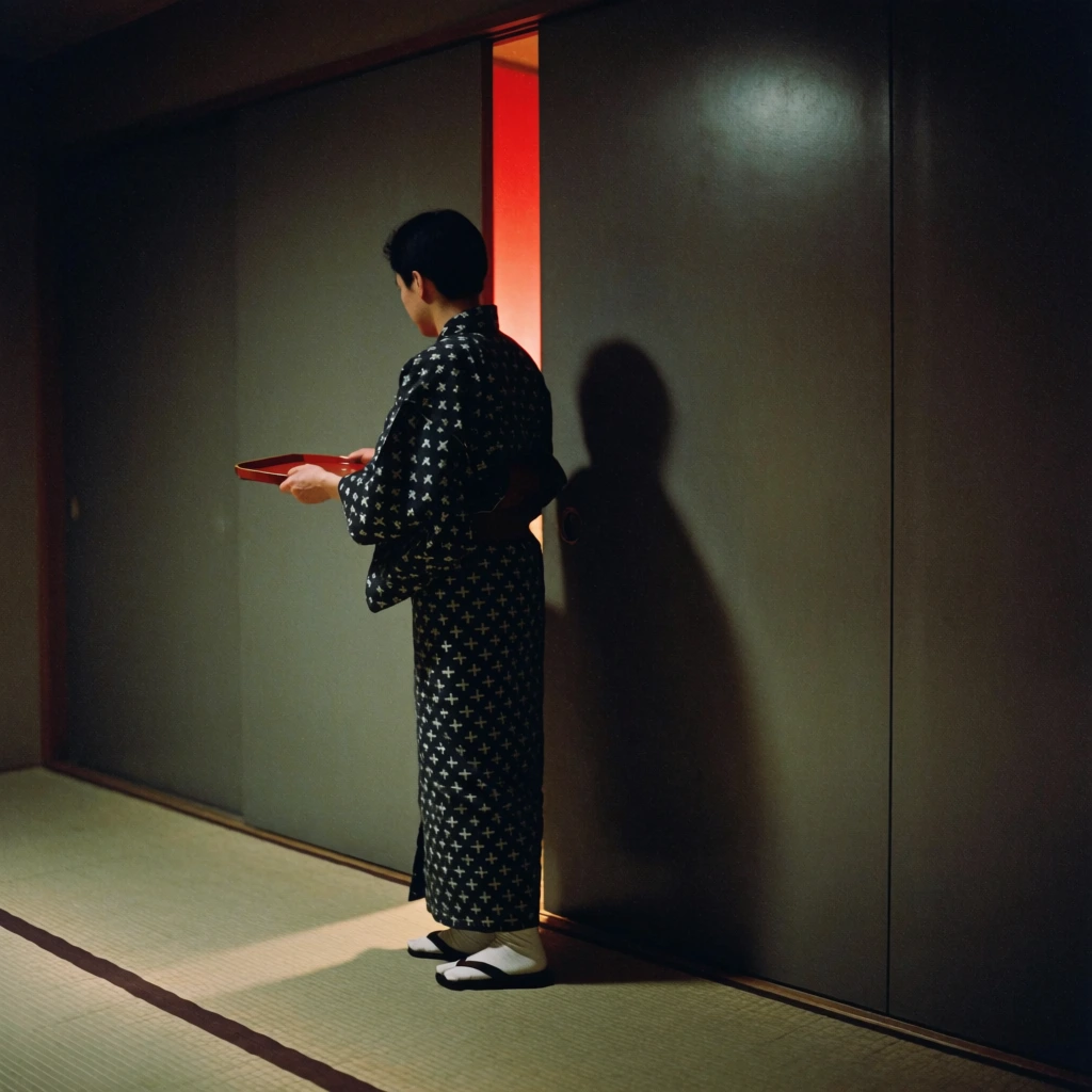 A person stands in a dimly lit hallway, facing away and slightly to the left, holding a small, flat, red rectangular tray. They are wearing a long, dark-colored yukata or kimono with a repeating pattern of white crosses or plus signs, and white tabi socks with dark sandals. The person is positioned in front of a slightly ajar sliding door or panel, which reveals a narrow vertical sliver of bright red light emanating from the room beyond. The person casts a distinct, dark shadow on the smooth, dark gray wall panel to their right. The floor is covered in tatami mats with dark brown fabric borders, illuminated by a soft, diffuse light that creates shadows along the edges of the mats. The overall scene has a moody, cinematic quality with high contrast between the dark hallway and the bright red light from the doorway, reminiscent of mid-century film photography with visible grain.