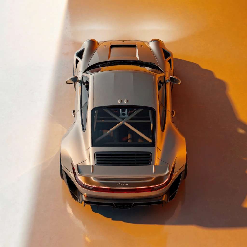 A top-down, bird’s-eye view captures a metallic champagne-colored wide-body sports car positioned centrally on a studio floor with contrasting warm and cool lighting. The vehicle features dramatically flared rear wheel arches with triangular air intakes integrated into their top surfaces. A large, aerodynamic integrated rear spoiler sits above a horizontal black slatted engine vent. Through the rear glass window, a light-colored X-shaped structural roll cage is visible within the cabin. The car’s roof is smooth, leading forward to a front hood characterized by a central recessed air intake and two small circular accents. Two sleek side-view mirrors extend from the doors. At the rear, a full-width translucent red taillight bar is positioned above a complex dark gray diffuser and dual exhaust outlets. Small, metallic script reading "Singer" is centered on the rear decklid just below the spoiler. The surrounding environment consists of a flat, reflective surface where the left side is illuminated with a bright, sterile white light, while the right side is bathed in a deep amber-orange glow, creating a sharp color gradient across the car's metallic body and the floor. A soft, dark shadow is cast from the vehicle toward the right edge of the frame. The composition is perfectly symmetrical along the vertical axis, utilizing a high-angle perspective that emphasizes the car's curved silhouette and wide stance against the minimalist, dual-toned background.