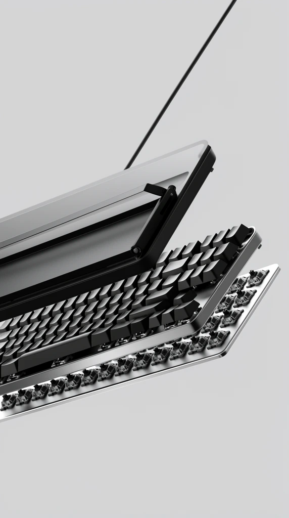dynamic exploded view of a floating mechanical keyboard, solid light gray background, lower half revealing a metallic base plate with exposed switches and matte black keycaps, upper half showing a dark casing with a folded kickstand, thin cable extending diagonally upwards, minimalist studio lighting, monochrome palette, pristine 3D product rendering
