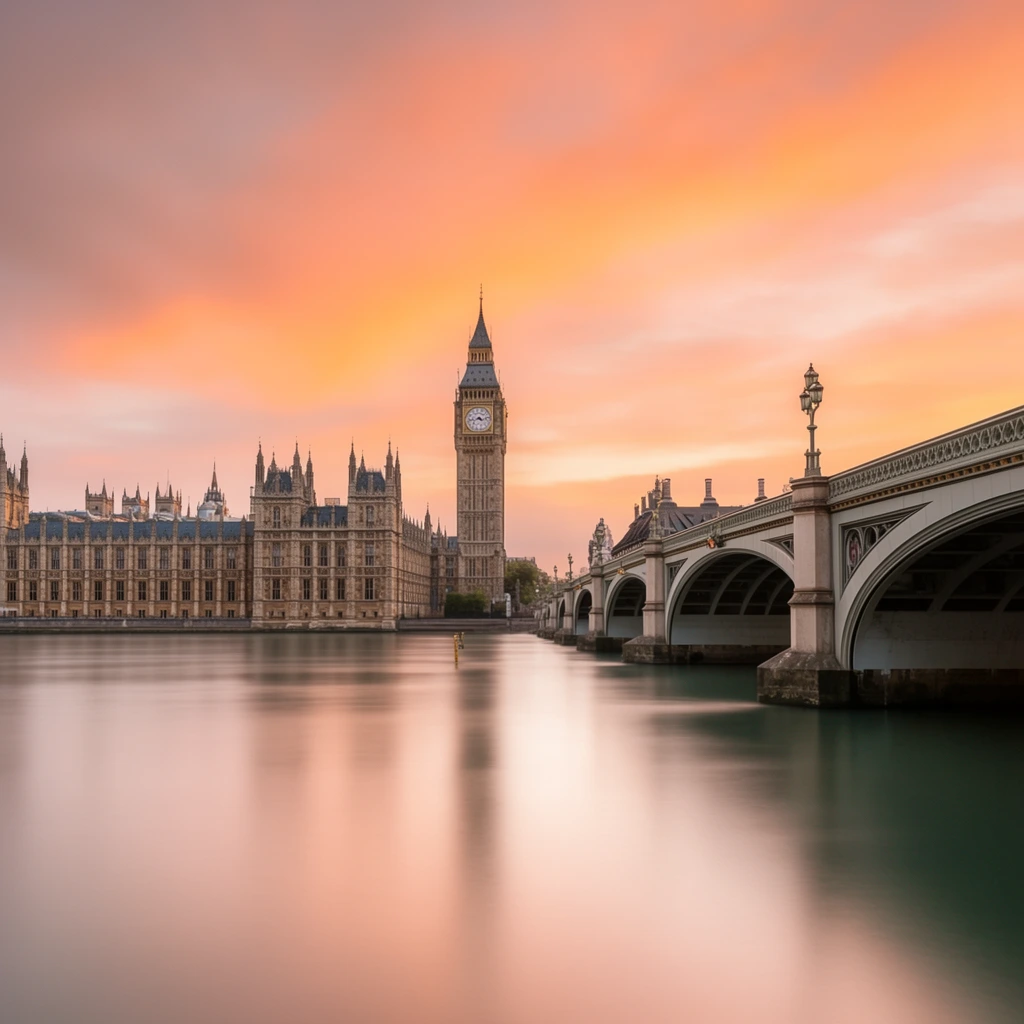 A smooth, glassy river flows past a sprawling Gothic parliament building and a prominent clock tower under a vibrant sunset sky. On the left, the intricately detailed stone palace stretches horizontally, crowned with numerous spires. To the right, a multi-arched stone bridge spans diagonally toward the center, adorned with ornate lampposts. A long exposure photography technique softens the wide river into a silky, reflective surface that mirrors the sweeping canvas of soft peach, bright orange, and muted pink clouds above. The ethereal texture of the water contrasts sharply with the crisp, rigid architectural lines of the historic structures.
