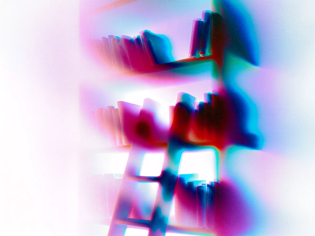 library bookshelf with a ladder leaning against the third shelf, ethereal dreamlike aesthetic, heavy motion blur, soft-focus diffusion, thermal infrared color mapping, neon magenta, electric cyan, deep crimson, hazy violet, blinding white highlights, high-grain analog film texture, glowing silhouettes of book spines, chromatic aberration on edges, abstract fluid forms, vertical composition, psychedelic atmosphere, light-streaked details, soft glowing gradients, hazy light bloom.