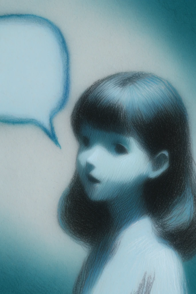 A delicate colored pencil and pastel illustration of a girl accompanied by a speech bubble, rendered entirely in a monochromatic palette of pale ice blue, deep teal, and dark charcoal. The girl is depicted using dense, fine parallel hatching and sweeping, textured pencil strokes that create a velvety, soft-edged appearance across her features and hair. A speech bubble floats beside her, defined by softly smudged, atmospheric blue outlines that match the ethereal aesthetic of the drawing. Dramatic, moody lighting casts deep charcoal shadows against luminous pale blue highlights, emphasizing the tactile, grainy texture of the rough sketch paper. The scene is set against a smooth, hazy gradient background transitioning from a pale, muted blue at the center to richer teals at the edges, evoking a wistful, surreal, vintage storybook illustration style.