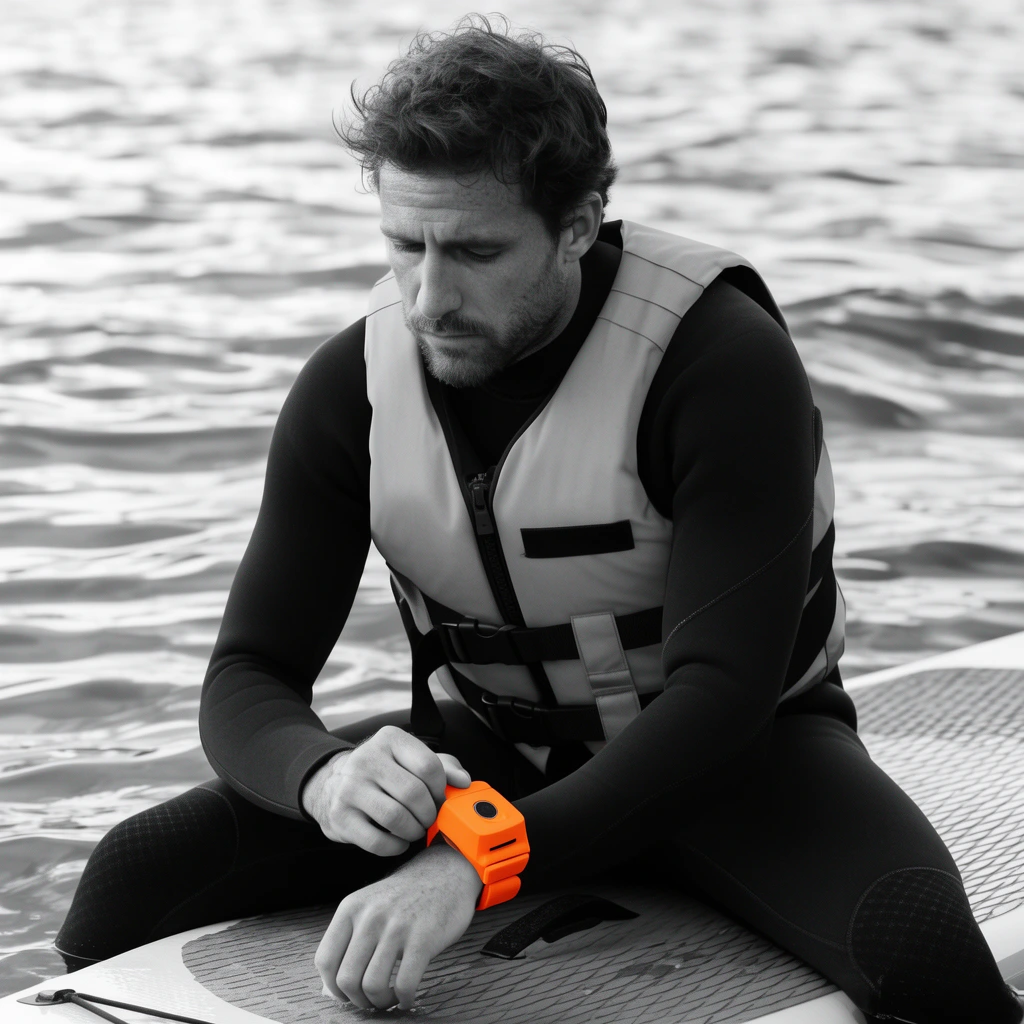 A black and white selective-color photograph of a man resting on a paddleboard in rippling water. Wearing a dark wetsuit and light life vest, he gazes downward with a tired expression. His right hand adjusts a bright orange device on his left wrist, the only color in the grayscale image. The medium close-up features a shallow depth of field, blurring the background waves to highlight the striking color contrast.