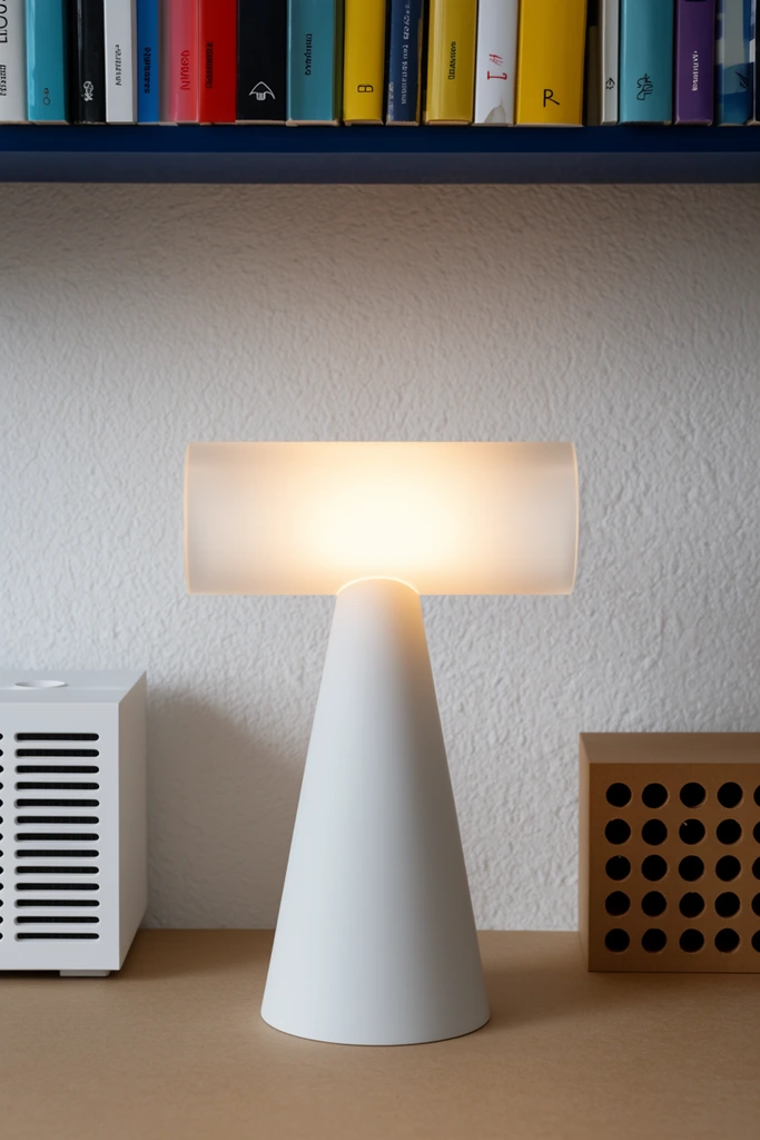 A minimalist table lamp rests on a light brown surface against a textured white wall, featuring a matte white conical base and a horizontal, frosted cylindrical shade emitting a soft warm glow. A white device with ventilation slots sits to the left, alongside a brown cube pierced with a grid of circular holes to the right. Above, a dark blue shelf holds books with brightly colored spines, completing the contemporary composition lit by soft indoor lighting.