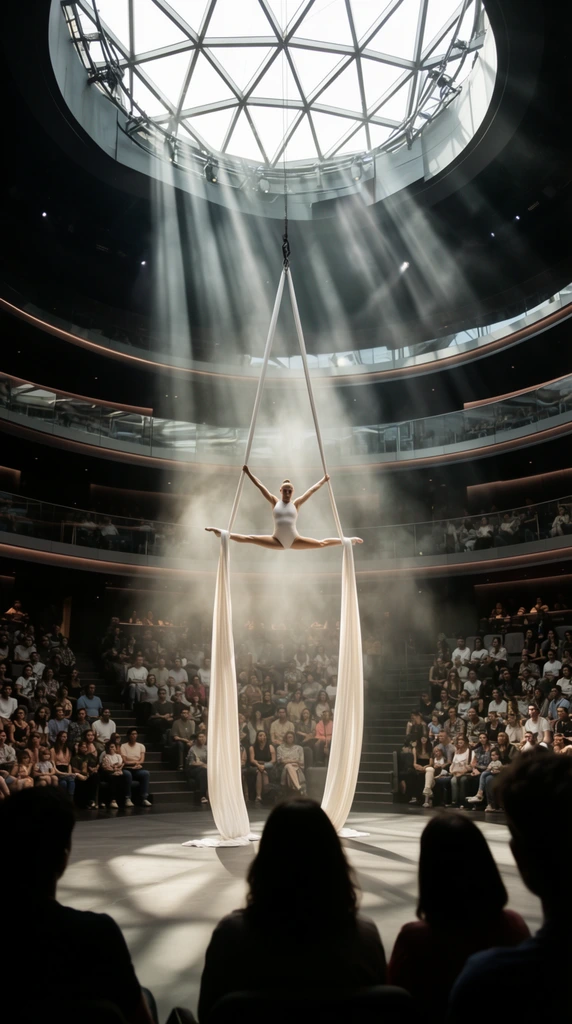 An aerial acrobat performs a mid-air split suspended from white silks inside a modern circular amphitheater. The gymnast wears a white leotard and holds a horizontal split pose while gripping the fabrics. Dramatic shafts of light stream through a large geometric skylight, catching the hazy atmospheric fog around her. Multiple tiers of curved seating with glass railings surround the stage, filled with a seated audience. Silhouetted figures in the immediate foreground frame the brightly lit central action. The wide-angle composition highlights the high-contrast theatrical lighting and scale of the dark indoor arena.