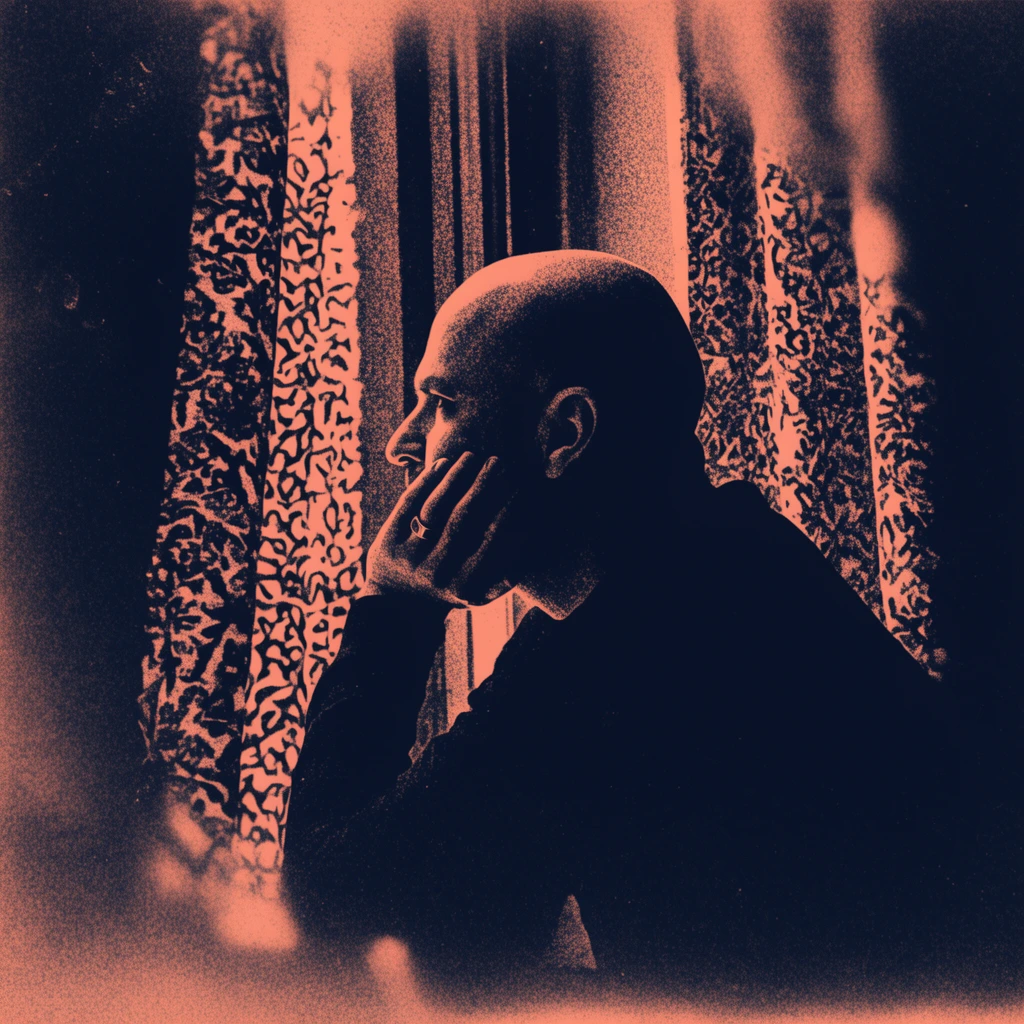 A bald man with a ring on his finger rests his chin on his hand, looking out a window framed by patterned curtains, rendered in a gritty, high-contrast duotone graphic style. The visual palette consists strictly of deep, inky blacks and warm peach tones. Heavy halftone stippling, pronounced noise, and a distressed texture overlay the entire composition. Intense, stylized lighting produces bright peach highlights that sharply define the contours of the man's smooth head, the metallic ring, and the dense patterns of the curtains. Deep black shadows bleed heavily into the edges of the frame, forming a dark vignette that dissolves the outer boundaries of the scene into solid darkness. The rendering technique creates a surreal, high-signal graphic aesthetic characterized by dramatic silhouette masking, vintage screen-print textures, and soft, hazy atmospheric gradients merging the subject with the shadowy environment.