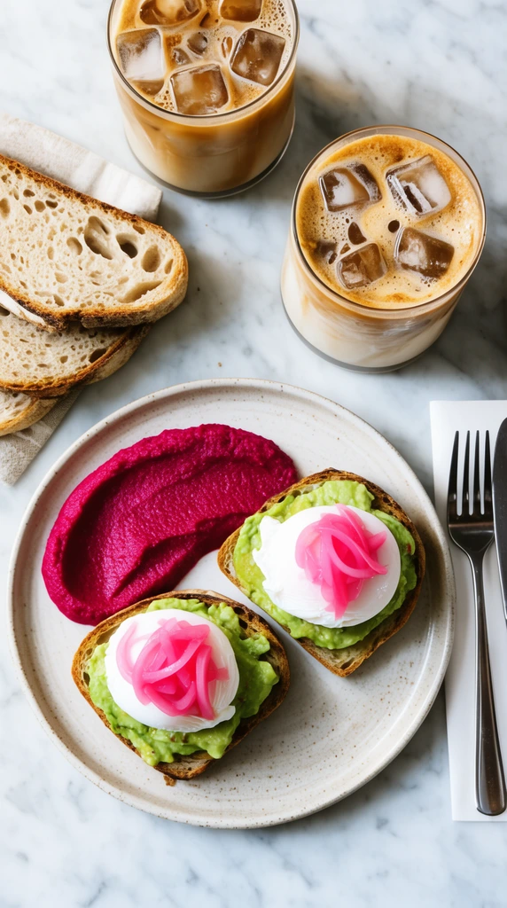 flat lay of a vibrant brunch on a marble table, avocado toast with poached eggs and pink pickled onions, magenta beetroot puree, iced coffees, sourdough bread, bright natural lighting, food photography