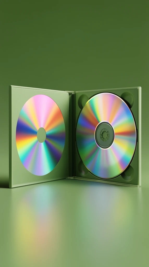 Open sage green CD case, iridescent holographic disc with vibrant gradients, matching circular design on cover, solid green background, soft 3D render